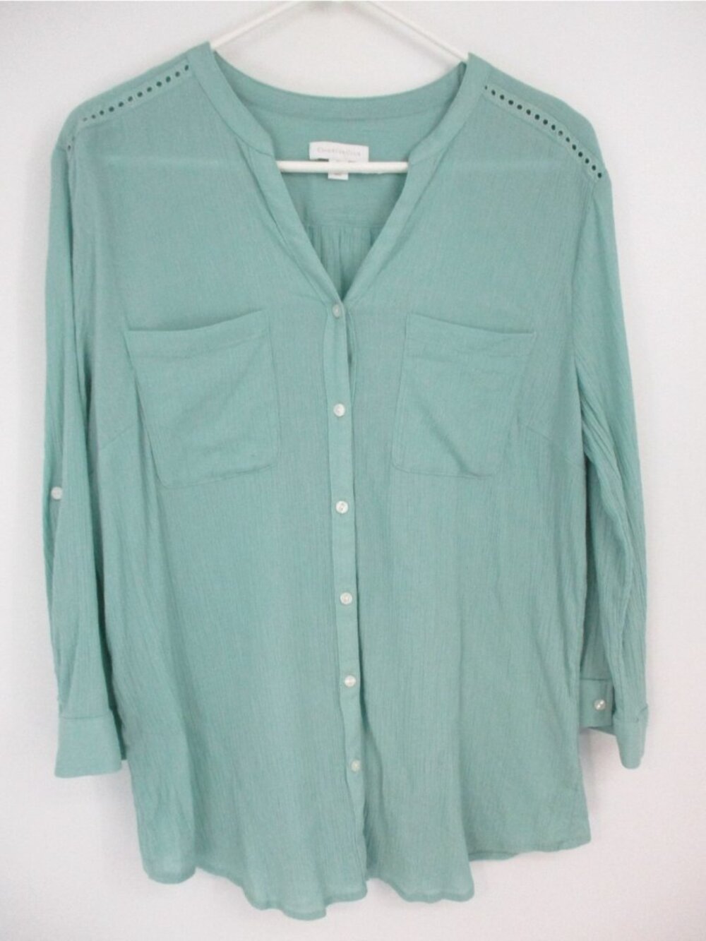 Charter Club Womens Top XL Seafoam Green Gauze Button Up Shirt Long Sleeve
